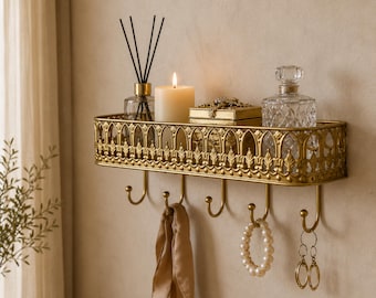 Organizador de pared dorado vintage con ganchos - Soporte para llaves y estante de exhibición de estilo antiguo para la entrada - Toallero de baño gótico victoriano