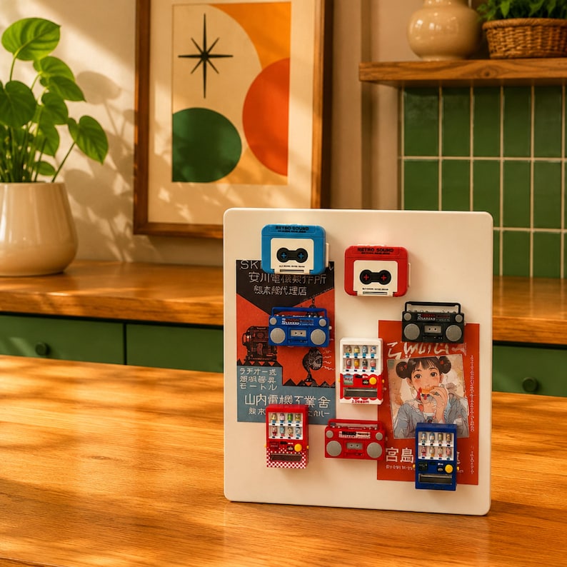 Puede incluir: Una pizarra magn&eacute;tica rectangular blanca que muestra varios imanes en miniatura, incluyendo casetes, radiocasetes y m&aacute;quinas expendedoras. Dos carteles rectangulares con texto e ilustraciones en japon&eacute;s est&aacute;n fijados al tablero.