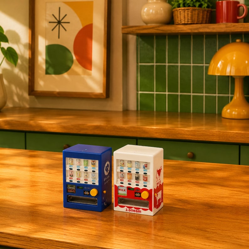 Puede incluir: Dos m&aacute;quinas expendedoras en miniatura, una azul y otra blanca, con peque&ntilde;as latas de bebida tras paneles transparentes, botones de selecci&oacute;n amarillos y una ranura de dispensaci&oacute;n inferior. La blanca muestra un gr&aacute;fico de vaca y J.dream.