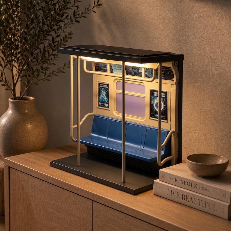 May include: A miniature subway car interior lamp featuring a black frame, blue molded plastic seating, and vertical support poles. The interior walls are cream-colored with small rectangular advertisements and illuminated overhead lighting fixtures.
