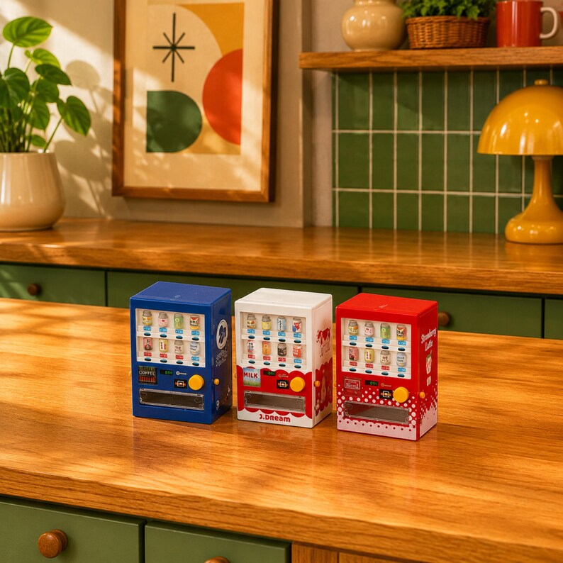 Puede incluir: Tres m&aacute;quinas expendedoras en miniatura de colores azul, blanco y rojo. Cada unidad cuenta con una pantalla frontal transparente que muestra filas de latas peque&ntilde;as, un bot&oacute;n de selecci&oacute;n amarillo, una ranura para monedas y una bandeja.