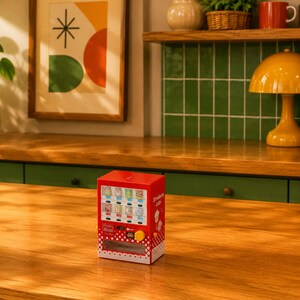 Puede incluir: Un juguete de m&aacute;quina expendedora en miniatura de color rojo con un patr&oacute;n de puntos blancos en la base, una ventana transparente que muestra varios iconos de bebidas, un bot&oacute;n de selecci&oacute;n amarillo y el texto Strawberry Latte en el lateral.
