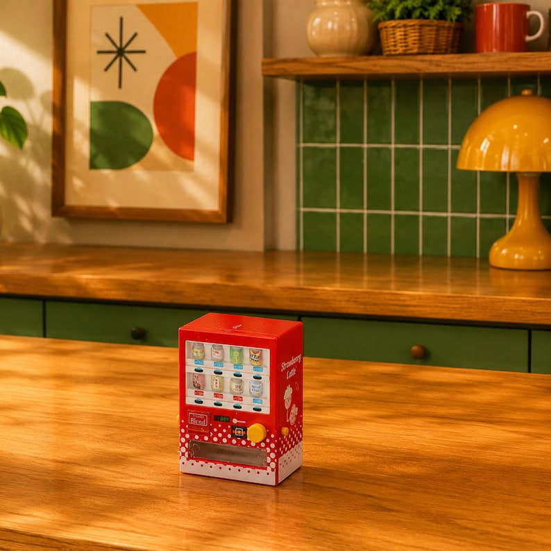 Puede incluir: Un juguete de m&aacute;quina expendedora en miniatura de color rojo con un patr&oacute;n de puntos blancos en la base, una ventana transparente que muestra varios iconos de bebidas, un bot&oacute;n de selecci&oacute;n amarillo y el texto Strawberry Latte en el lateral.