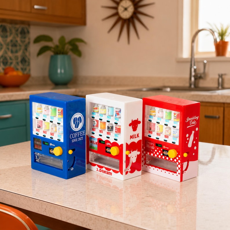 Puede incluir: Tres m&aacute;quinas expendedoras de pl&aacute;stico en miniatura de color azul, blanco y rojo. La unidad azul presenta el texto COFFEE SINCE 2022, la blanca muestra gr&aacute;ficos de vacas y la palabra MILK, y la roja muestra el texto Sparkling Cola y un icono de botella.