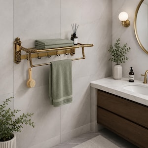 May include: A wall-mounted antique brass towel rack featuring an ornate decorative bracket, a top shelf holding a folded sage green towel, a lower bar with a hanging sage green towel, five hooks, and a wooden bath brush hanging from one hook.