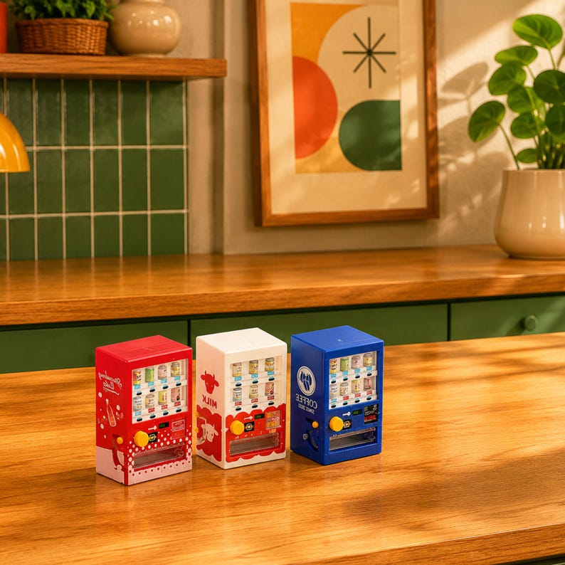 Puede incluir: Tres m&aacute;quinas expendedoras en miniatura en rojo, blanco y azul. La m&aacute;quina roja presenta un gr&aacute;fico de refresco, la blanca muestra una vaca y la palabra MILK, y la azul tiene un logotipo de caf&eacute; y el texto COFFEE. Cada una tiene un bot&oacute;n amarillo.