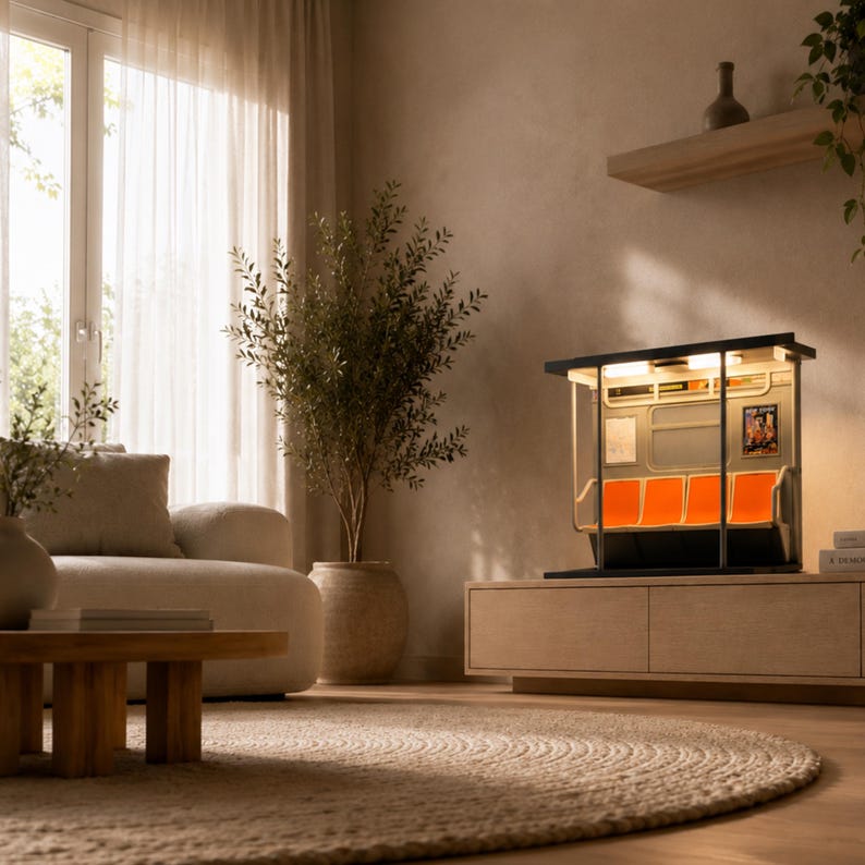 May include: A miniature model of a subway car interior featuring bright orange molded seats, a black frame, overhead lighting, and small rectangular posters on the interior walls, displayed as a decorative piece on a wooden surface.