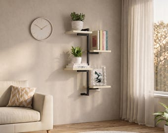 Estantería flotante de pared, estantería escalonada de 3 niveles, estante industrial de pared, estante de decoración moderna para el hogar, estante para plantas, estante de metal y madera
