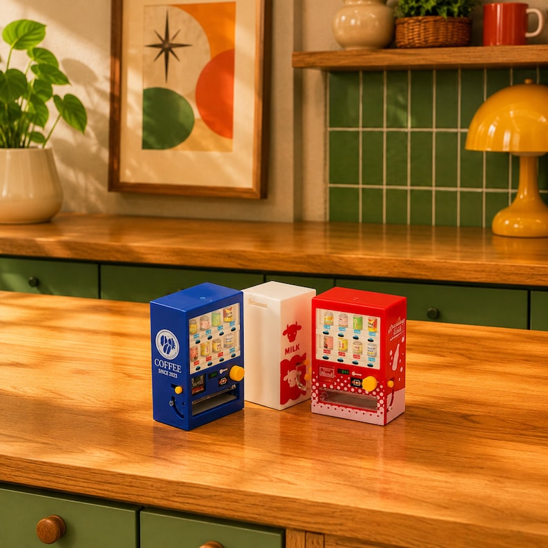 Puede incluir: Tres m&aacute;quinas expendedoras en miniatura en azul, blanco y rojo. La m&aacute;quina azul tiene un logotipo de caf&eacute; y el texto COFFEE SINCE 2023. La m&aacute;quina blanca tiene un gr&aacute;fico de vaca roja y la palabra MILK. La roja muestra un gr&aacute;fico de bebida.