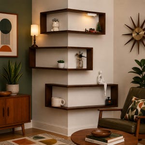K&ouml;nnte beinhalten: Dunkelbraune, geometrische Eckregale mit dekorativen Gegenst&auml;nden. Die Regale sind an einer wei&szlig;en Wand montiert und beherbergen eine Vielzahl von Gegenst&auml;nden, darunter eine kleine Lampe, eine Keramikfigur, eine Pflanze und eine Tasse. Der Raum hat eine moderne &Auml;sthetik aus der Mitte des Jahrhunderts.