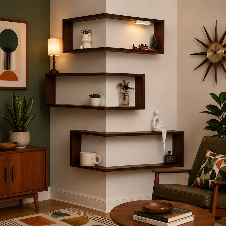 K&ouml;nnte beinhalten: Dunkelbraune, geometrische Eckregale mit dekorativen Gegenst&auml;nden. Die Regale sind an einer wei&szlig;en Wand montiert und beherbergen eine Vielzahl von Gegenst&auml;nden, darunter eine kleine Lampe, eine Keramikfigur, eine Pflanze und eine Tasse. Der Raum hat eine moderne &Auml;sthetik aus der Mitte des Jahrhunderts.