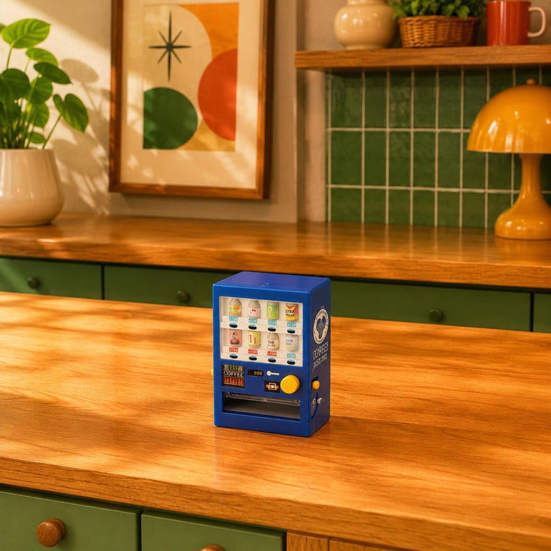 Puede incluir: Una m&aacute;quina expendedora azul en miniatura con una pantalla frontal de cristal que muestra dos filas de peque&ntilde;as bebidas, un bot&oacute;n de selecci&oacute;n amarillo, una ranura para monedas y una bandeja de salida. Incluye texto y gr&aacute;ficos blancos.