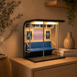May include: A miniature subway car interior lamp featuring a black frame, a bright blue bench seat, and vertical support poles. The interior walls are cream-colored with two rectangular posters and a light panel overhead that emits a warm glow.