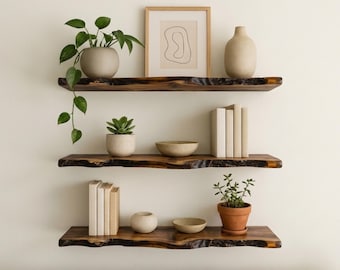 Estante flotante de madera oscura con borde natural, estante de pared de madera de corteza natural - Juego de estantes rústicos de nogal, estante de madera estilo boho, estantes flotantes de madera maciza