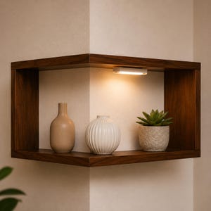 K&ouml;nnte beinhalten: Dunkles Eckregal aus Holz mit eingebautem Licht, das eine beige Vase, eine wei&szlig;e gerippte Vase und eine kleine Topf-Sukkulente zeigt. Das Regal ist an einer hellen Wand befestigt und schafft eine moderne, minimalistische &Auml;sthetik.