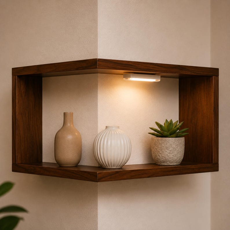 K&ouml;nnte beinhalten: Dunkles Eckregal aus Holz mit eingebautem Licht, das eine beige Vase, eine wei&szlig;e gerippte Vase und eine kleine Topf-Sukkulente zeigt. Das Regal ist an einer hellen Wand befestigt und schafft eine moderne, minimalistische &Auml;sthetik.