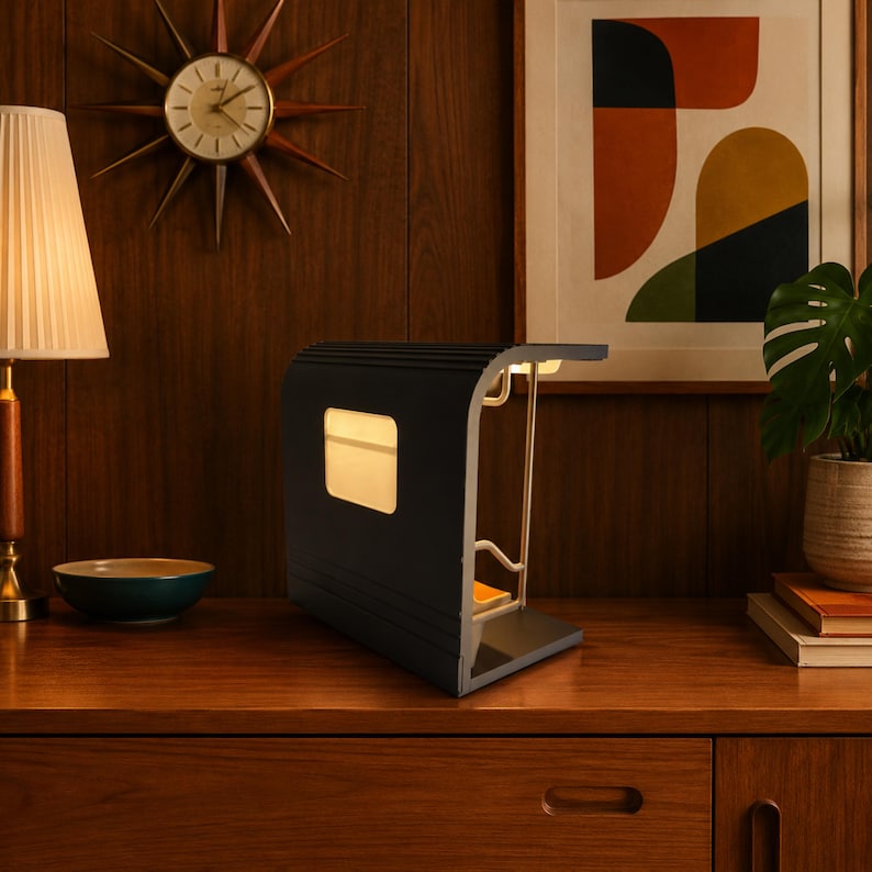 May include: A dark gray, curved desk lamp with a rectangular, illuminated side panel. The lamp features a sleek, minimalist frame with a metallic support structure and a flat base, emitting a soft, warm glow from its internal light source.