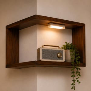 K&ouml;nnte beinhalten: Ein schwebendes Regal aus dunklem Holz mit eingebautem Licht, ein cremefarbenes Radio mit goldenem Griff und Knopf sowie eine kleine Topfpflanze. Das Regal ist in einer Ecke montiert und hat ein modernes Design.
