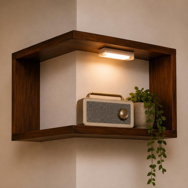 K&ouml;nnte beinhalten: Ein schwebendes Regal aus dunklem Holz mit eingebautem Licht, ein cremefarbenes Radio mit goldenem Griff und Knopf sowie eine kleine Topfpflanze. Das Regal ist in einer Ecke montiert und hat ein modernes Design.