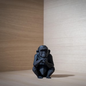 Può includere: Una scultura grigio scuro di uno scimpanzé seduto, con le mani giunte. La statuetta ha un design geometrico ed è ambientata su uno sfondo di legno chiaro.