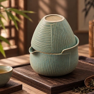 May include: A light blue-green ceramic tea set consisting of a teapot with a spout and a matching bowl-shaped lid. The exterior features a textured pattern of vertical and horizontal lines. A small matching tea cup sits to the left of the set.