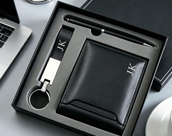 Coffret cadeau portefeuille personnalisé pour homme, porte-clés et stylo personnalisés, cadeau pour papa, grand-père, petit ami, client professionnel, cadeau d'entreprise pour lui