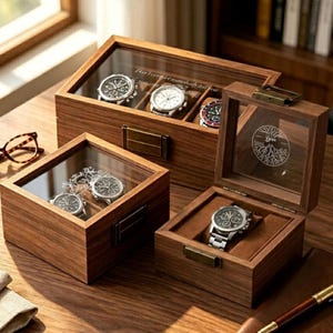 Könnte beinhalten: Drei rechteckige Uhrenboxen aus Holz mit Glasdeckeln und messingfarbenen Verschlüssen. Die größte Box bietet Platz für drei Uhren, während die kleineren Boxen jeweils eine Uhr enthalten. Die Glasdeckel sind mit weißen, geätzten Motiven versehen.