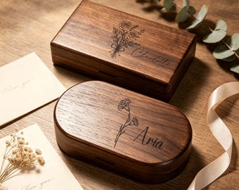 Boîte à bijoux en bois personnalisée, nom gravé personnalisé et boîte souvenir fleur de naissance, cadeau de stockage de collier bague en noyer et cerisier pour elle