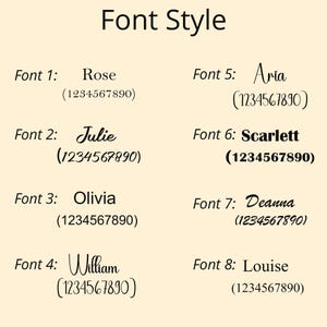 May include: A font style chart featuring eight distinct black text options labeled Font 1 through Font 8. Each entry displays a name and the numerical sequence 1234567890 in a unique typeface, ranging from serif and sans-serif to script styles.