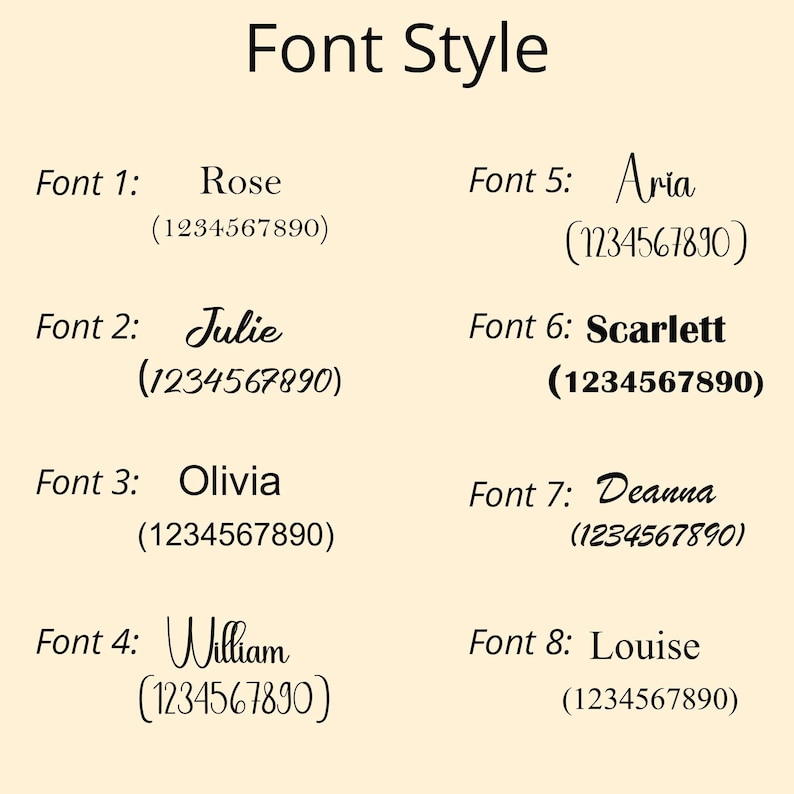 May include: A font style chart featuring eight distinct black text options labeled Font 1 through Font 8. Each entry displays a name and the numerical sequence 1234567890 in a unique typeface, ranging from serif and sans-serif to script styles.