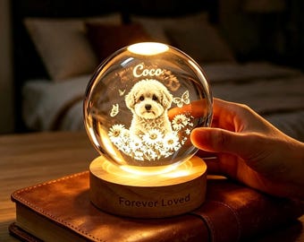 Personalized Pet Memorial Crystal Ball, Custom Photo Dog Cat Loss Gift, Pet Remembrance Keepsake With Wooden Base, In Memory Of Beloved Pet