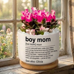 May include: A white ceramic pot with the text "boy mom" and a definition, filled with a vibrant succulent plant with pink and green leaves. The pot sits on a wooden coaster, near a window.