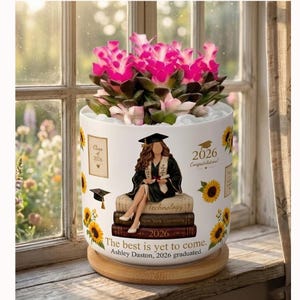 Custom Graduation Class of 2026 Ceramic Plant Pot, Ceramic Planter Wooden Base Class of 2026, Mastered It Pot, Plant Pot Personalized Gift