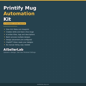 May include: A dark teal graphic with the text "Printify Mug Automation Kit" and "AI-POWERED LISTING CREATOR". The image lists features like AI-generated titles and descriptions, and the ability to create 15oz mugs. The AlSellerLab logo is also present.
