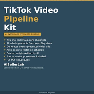 Puede incluir: Gr&aacute;fico turquesa con el texto "TikTok Video Pipeline Kit" en blanco y amarillo. El kit incluye anuncios de avatar de IA con publicaci&oacute;n autom&aacute;tica, dos planos de un clic y anuncios de v&iacute;deo generados por IA.