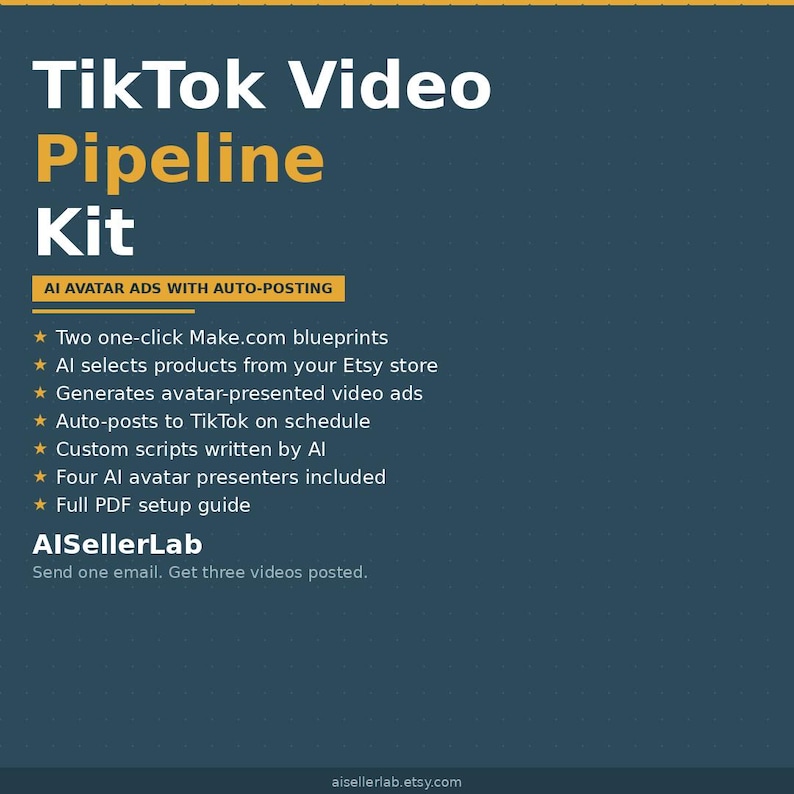Puede incluir: Gr&aacute;fico turquesa con el texto "TikTok Video Pipeline Kit" en blanco y amarillo. El kit incluye anuncios de avatar de IA con publicaci&oacute;n autom&aacute;tica, dos planos de un clic y anuncios de v&iacute;deo generados por IA.