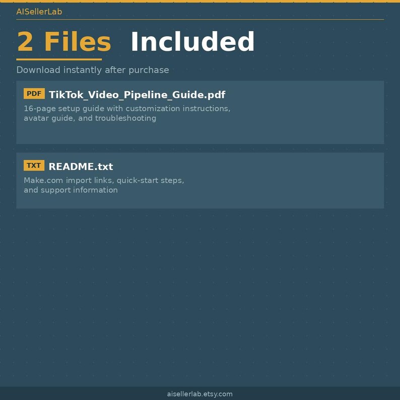 Puede incluir: Gr&aacute;fico de producto digital con el texto "2 archivos incluidos". La imagen enumera una gu&iacute;a PDF para las tuber&iacute;as de v&iacute;deo de TikTok y un archivo TXT con enlaces de importaci&oacute;n y pasos de inicio r&aacute;pido. El fondo es azul oscuro.