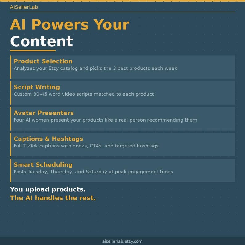 Puede incluir: Un gr&aacute;fico turquesa con texto blanco que promociona "AI Powers Your Content". La imagen enumera funciones como selecci&oacute;n de productos, redacci&oacute;n de guiones, presentadores de avatares, leyendas y hashtags, y programaci&oacute;n inteligente. El texto dice: "T&uacute; subes productos. La IA se encarga del resto."