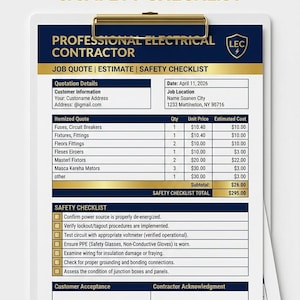 May include: A professional electrical contractor job quote and safety checklist. The document includes quotation details, an itemized quote with costs, and a safety checklist. The document is secured with a gold paper clip.