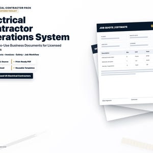 Op de afbeelding: Een digitale toolkit voor elektriciens. De afbeelding toont een stapel witte documenten met de tekst "Electrical Contractor Operations System" en "Job Quote / Estimate". De toolkit bevat 14 kant-en-klare zakelijke documenten.
