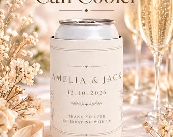 Enfriador de latas personalizado para bodas / Enfriador de bebidas personalizado para bodas / Portavasos para despedida de soltera / Regalo para invitados de boda / Nombres y fecha personalizados