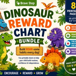 Może przedstawiać: Kolorowy zestaw wykresów nagród z motywem dinozaurów z tekstem "Dinosaur Reward Chart Bundle". Obrazek przedstawia kreskówkowe dinozaury, tekst "Build ROAR-some habits every day!" oraz "8 stron do wydruku, US Letter 21,6cm x 27,9cm".