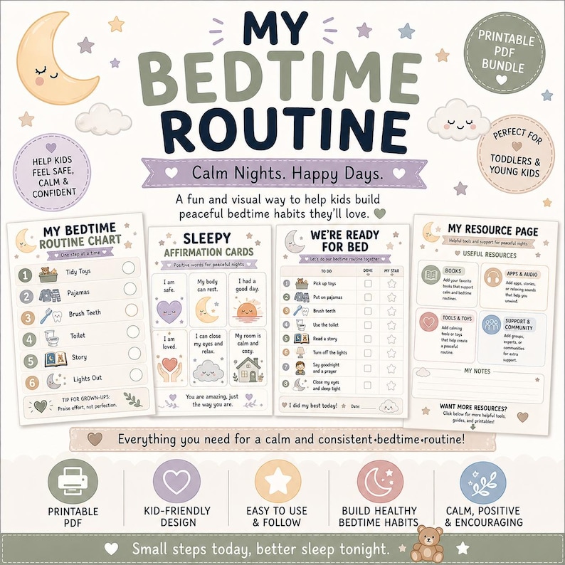 Kids Bedtime Routine Chart Printable Bundle | Visual Schedule, Toddler ...