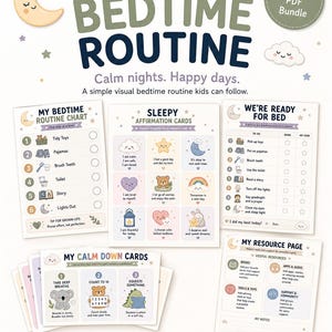 Può includere: Un pacchetto PDF stampabile intitolato My Bedtime Routine che include un grafico della routine, carte di affermazione, una lista di controllo per andare a letto e carte per calmarsi. Le pagine includono illustrazioni di lune, stelle e animali con testo.