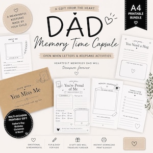 May include: A printable Father's Day gift set with the words "DAD Memory Time Capsule." The set includes fill-in-the-blank cards, a keepsake, and an envelope. The design is black and white with heart accents.