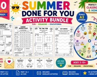 Summer Activity Bundle for Kids Printable, 50 Summer Worksheets, A3 Spinner Game, Classroom & Home