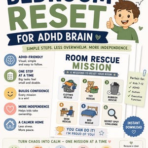 Peut inclure: Une affiche imprimable Bedroom Reset for ADHD Brain présentant une mission de sauvetage de chambre avec six étapes numérotées : vêtements, jouets, déchets, bureau, lit et défi secret. Inclut du texte, des icônes et un personnage faisant un pouce levé.