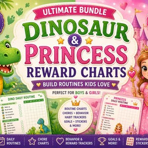 Dinosaur Princess Reward Charts Bundle | Kids Routine, Chore, Behavior Tracker