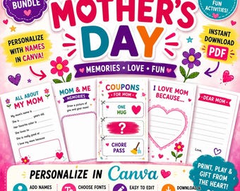 Utskrivbart paket för barn med mors dag | Redigerbart aktivitetspaket med minnessidor från Canva (digital nedladdning)