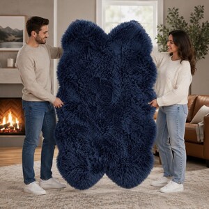 Navy Blue Sheepskin Rug Genuine New Zealand Wool Rug Fluffy Real Sheepskin Area Rug Soft Fur Throw Chair Cover Nursery Home Decor